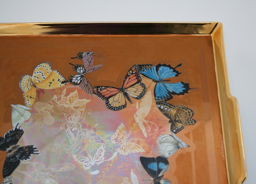 Véronique Etève-Habègre - Peinture sur Porcelaine - Plateau Papillons et Cuivre  
