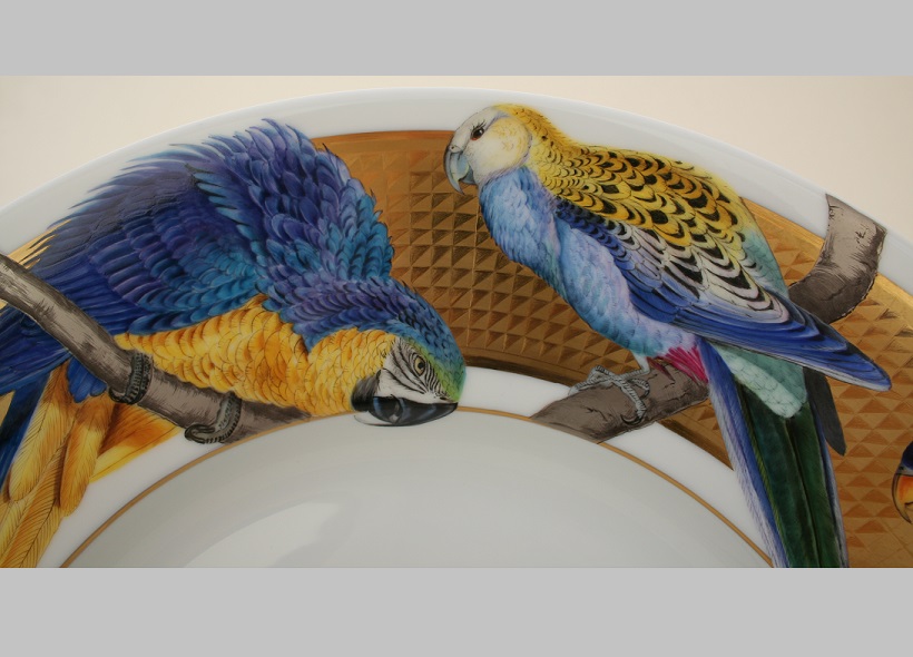 Véronique Etève-Habègre - Peinture sur Porcelaine - Plat Perroquets  