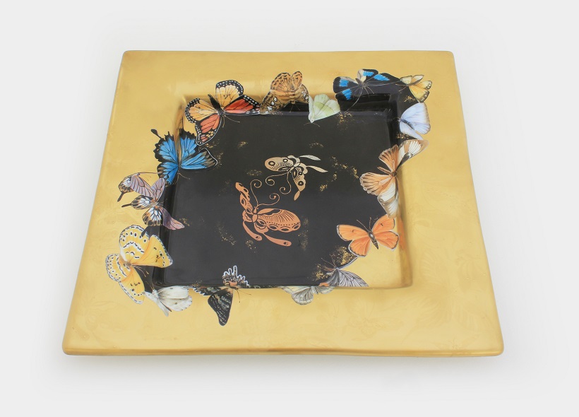 Véronique Etève-Habègre - Peinture sur Porcelaine - Vide-Poches Papillons Noir & Or  